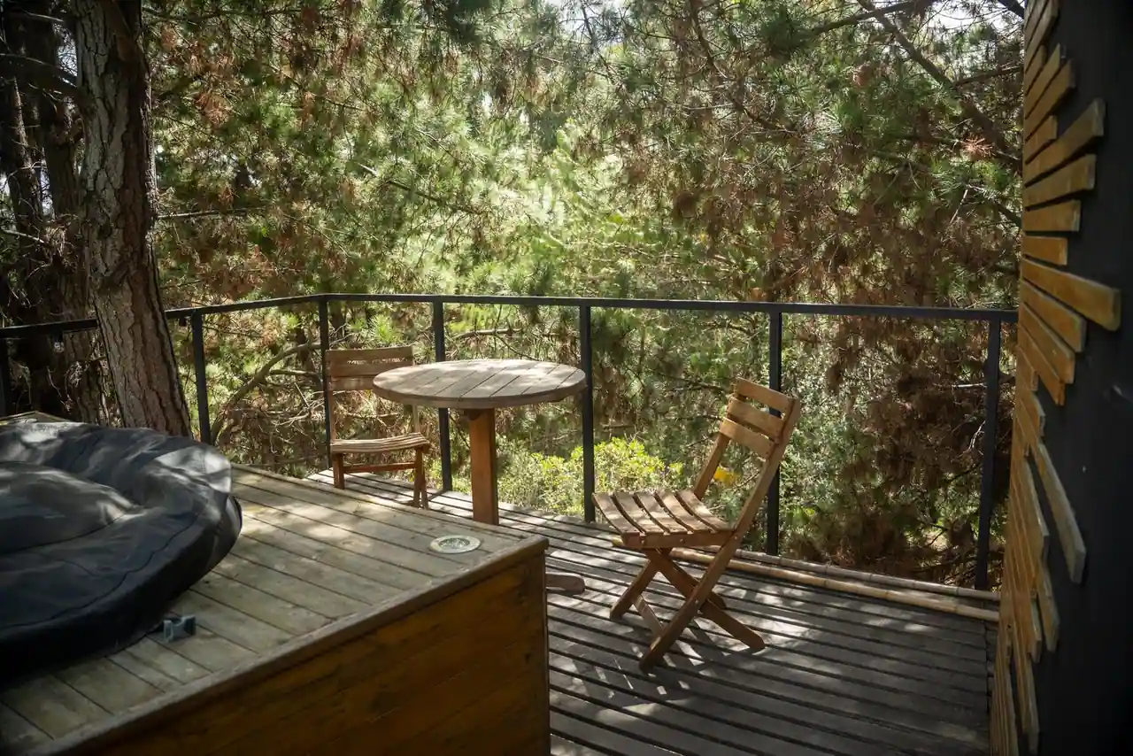 Table de jardin ronde en bois et chaises pliantes sur une terrasse en bois bordée d'arbres