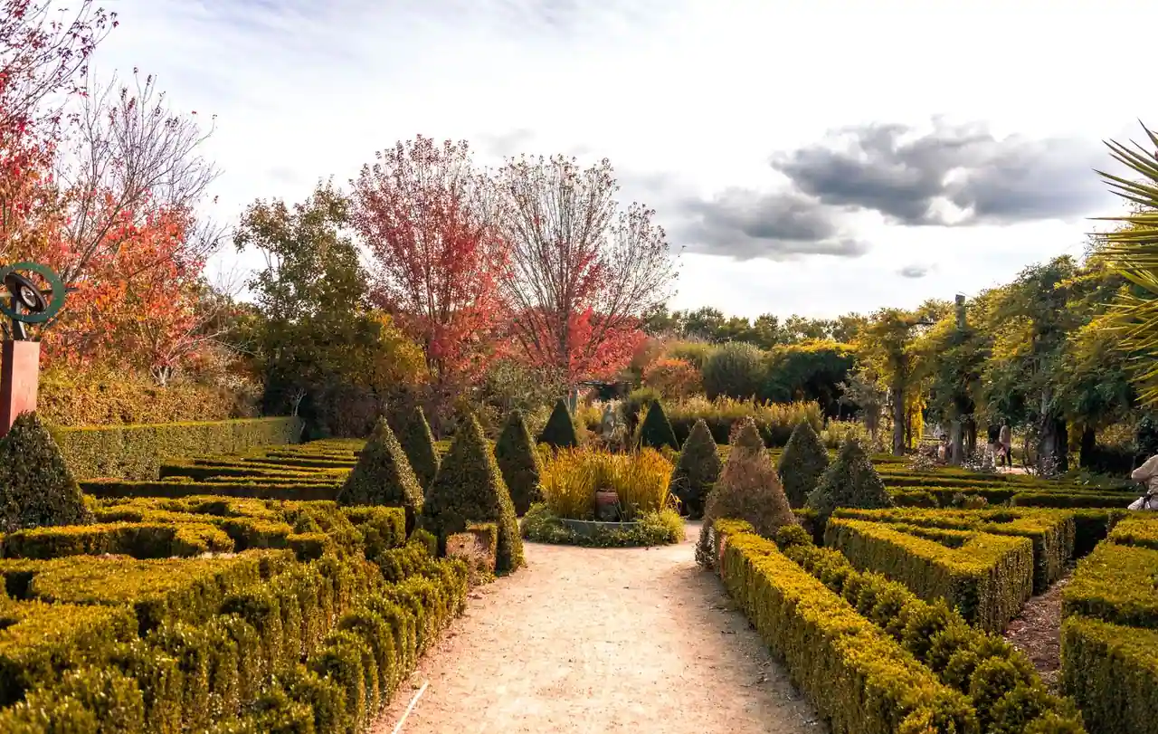 Jardin paysager structuré : allée bordée de haies taillées et topiaires vers un point focal
